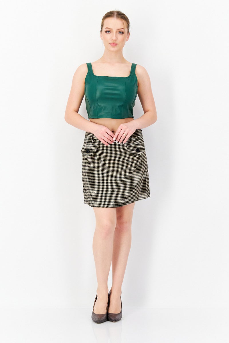 Women Checkered Button Front Mini Skirts, Light Brown Combo
