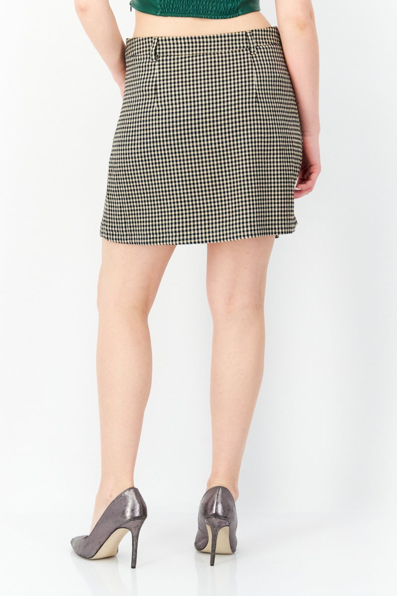 Women Checkered Button Front Mini Skirts, Light Brown Combo