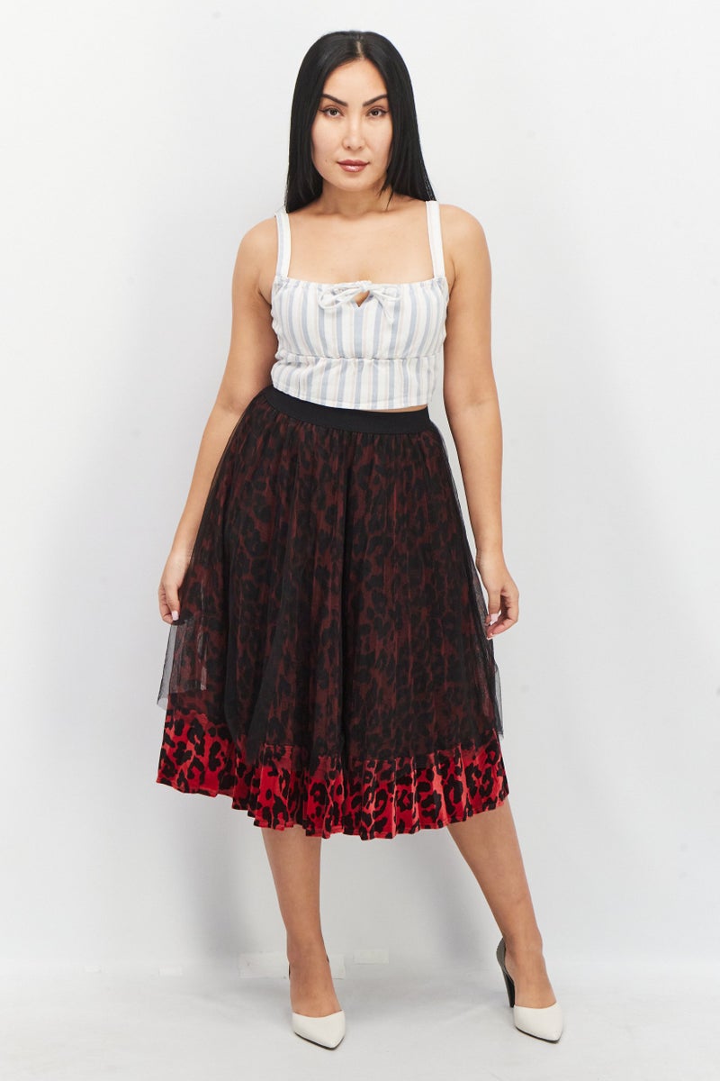 Women Eyelet Midi Skirt, Black/Red