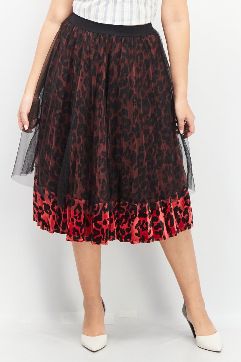 Women Eyelet Midi Skirt, Black/Red