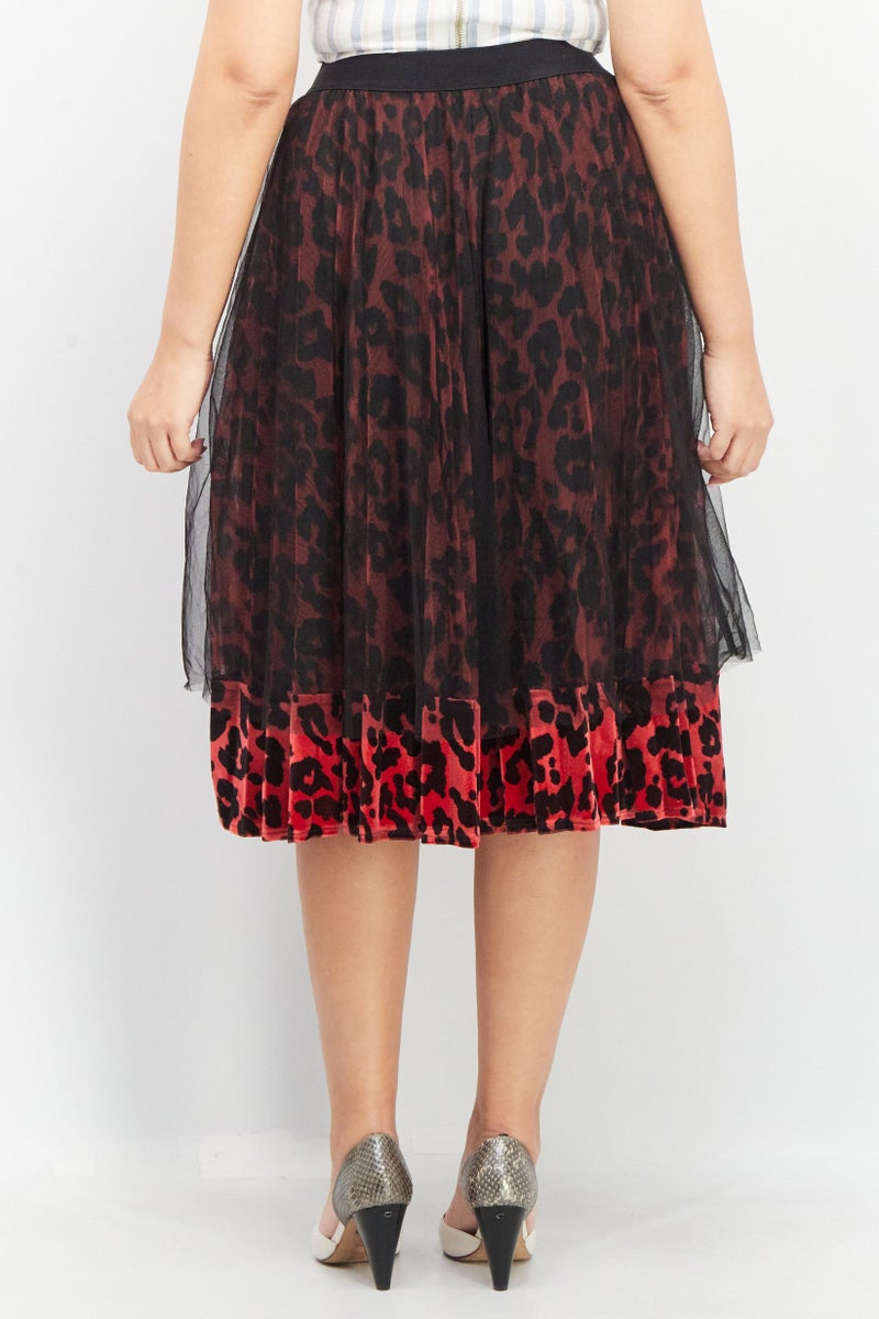 Women Eyelet Midi Skirt, Black/Red