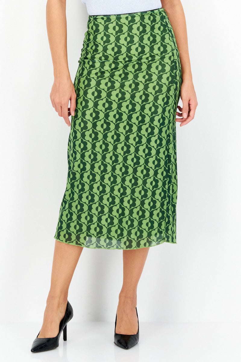 Women Allover Printed Basic Midi Skirt, Green Combo