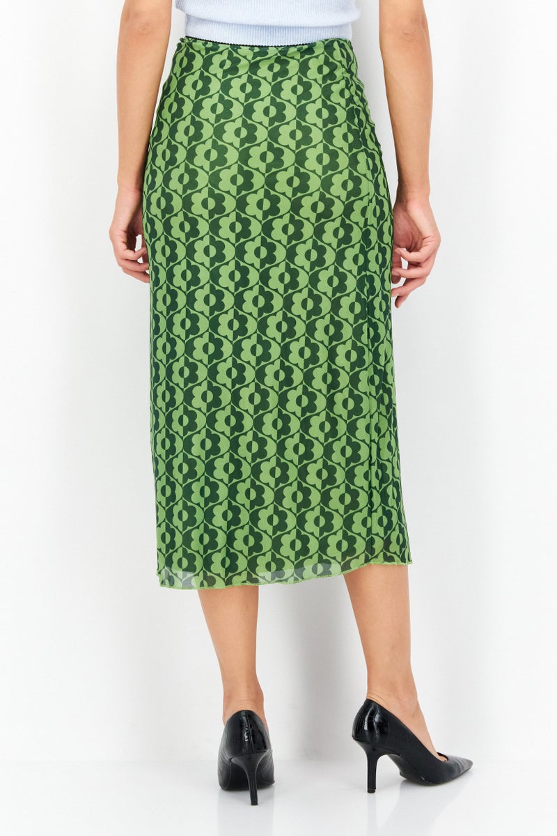 Women Allover Printed Basic Midi Skirt, Green Combo