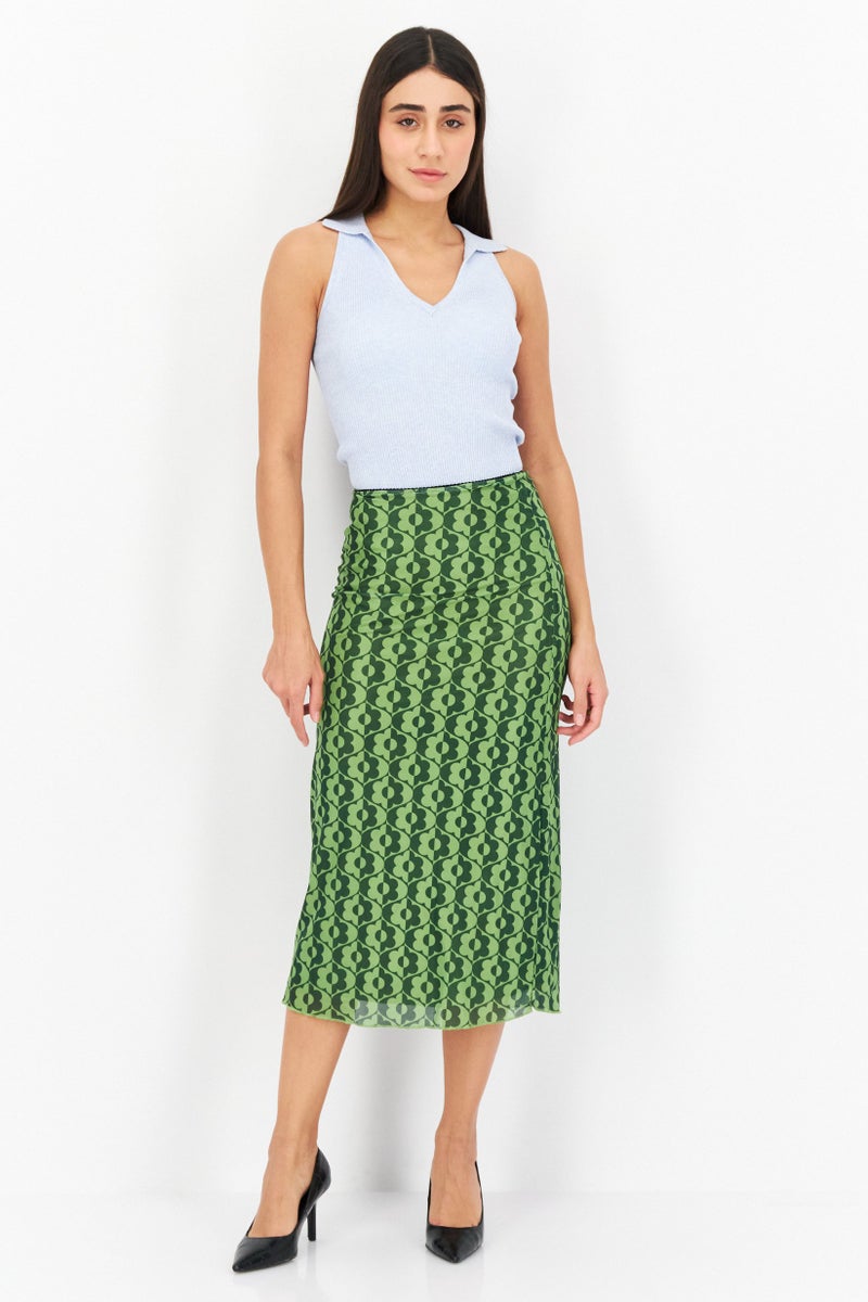 Women Allover Printed Basic Midi Skirt, Green Combo