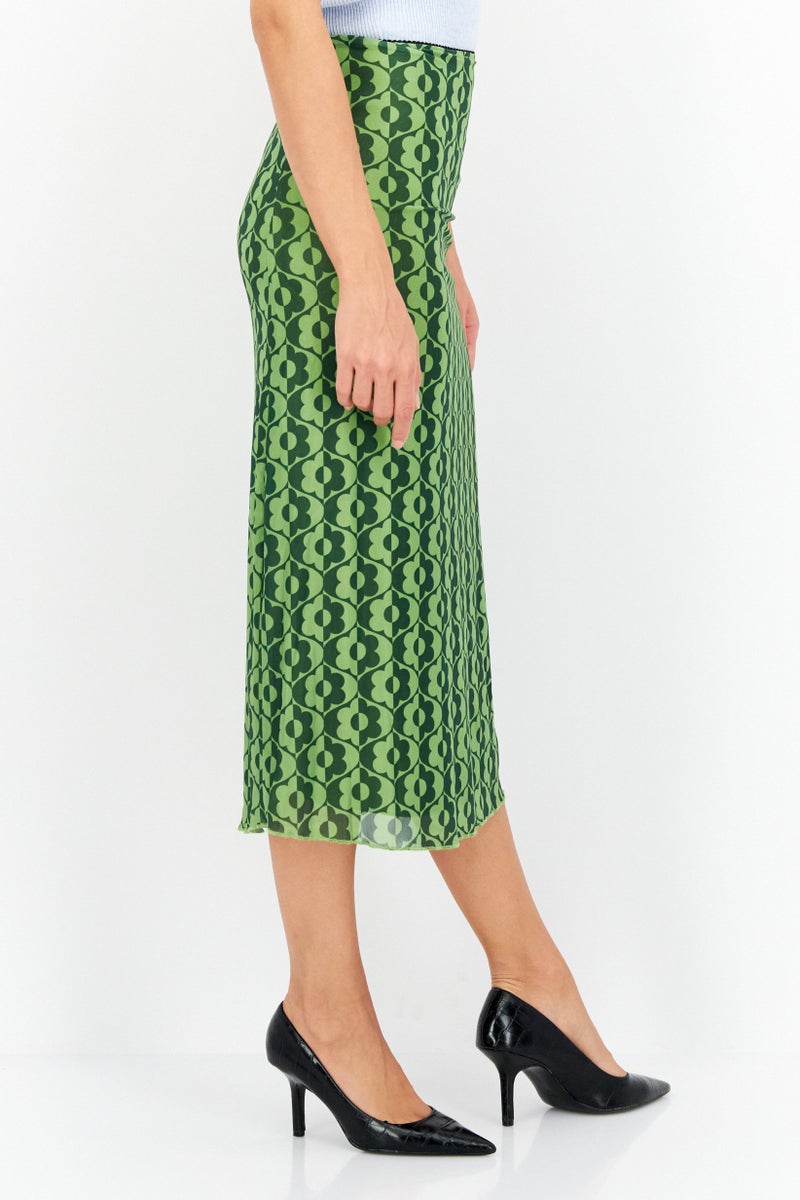 Women Allover Printed Basic Midi Skirt, Green Combo