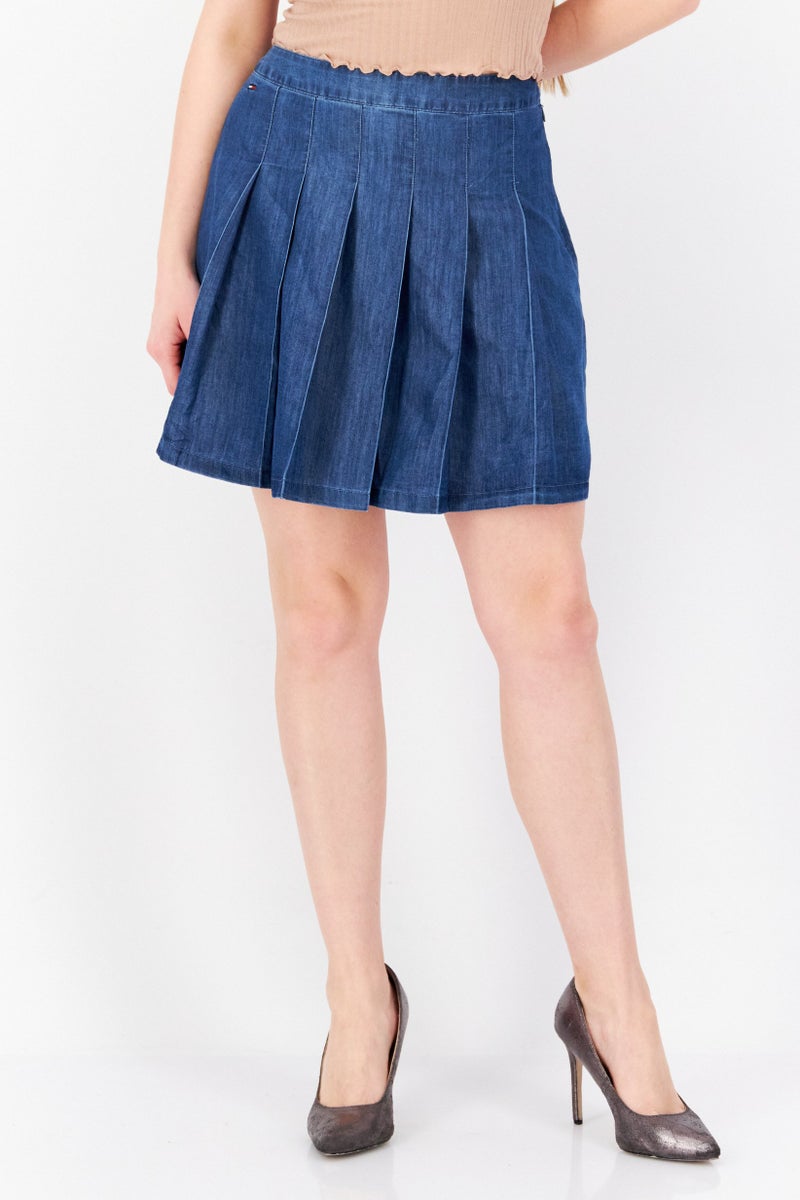 Women Pleated Denim Mini Skirt, Blue