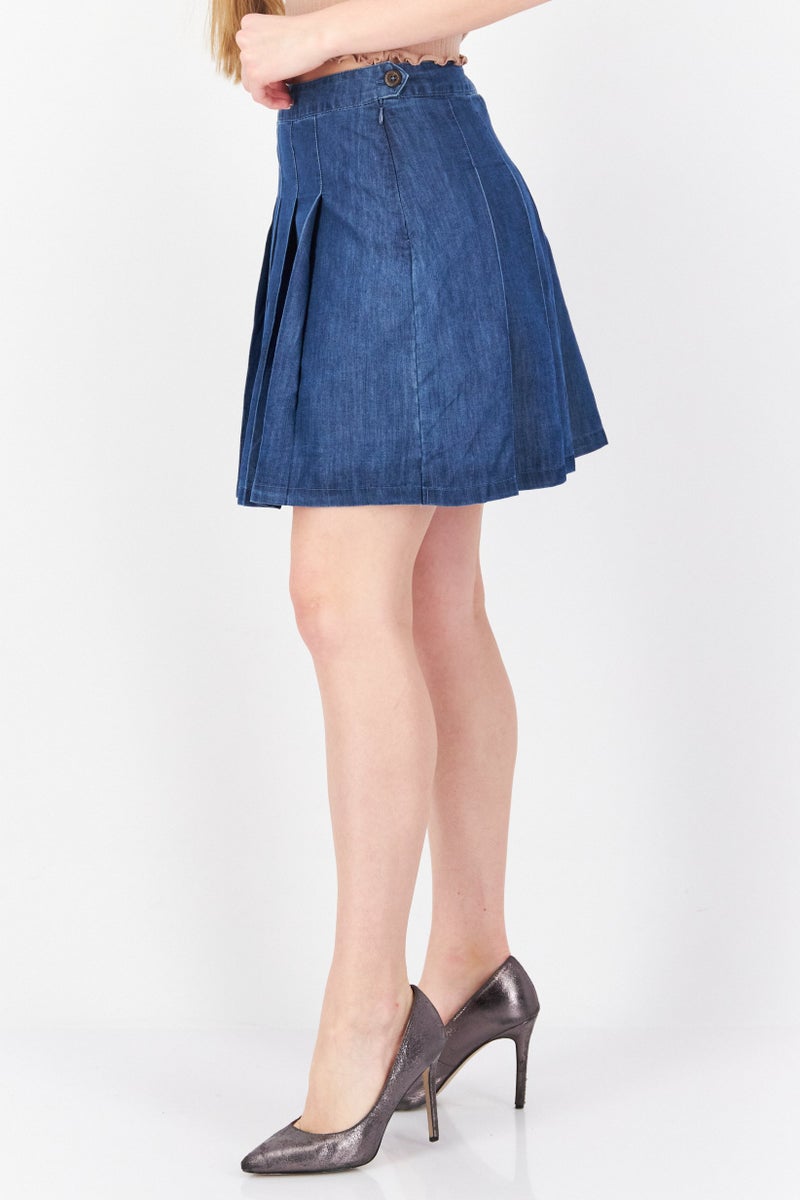 Women Pleated Denim Mini Skirt, Blue