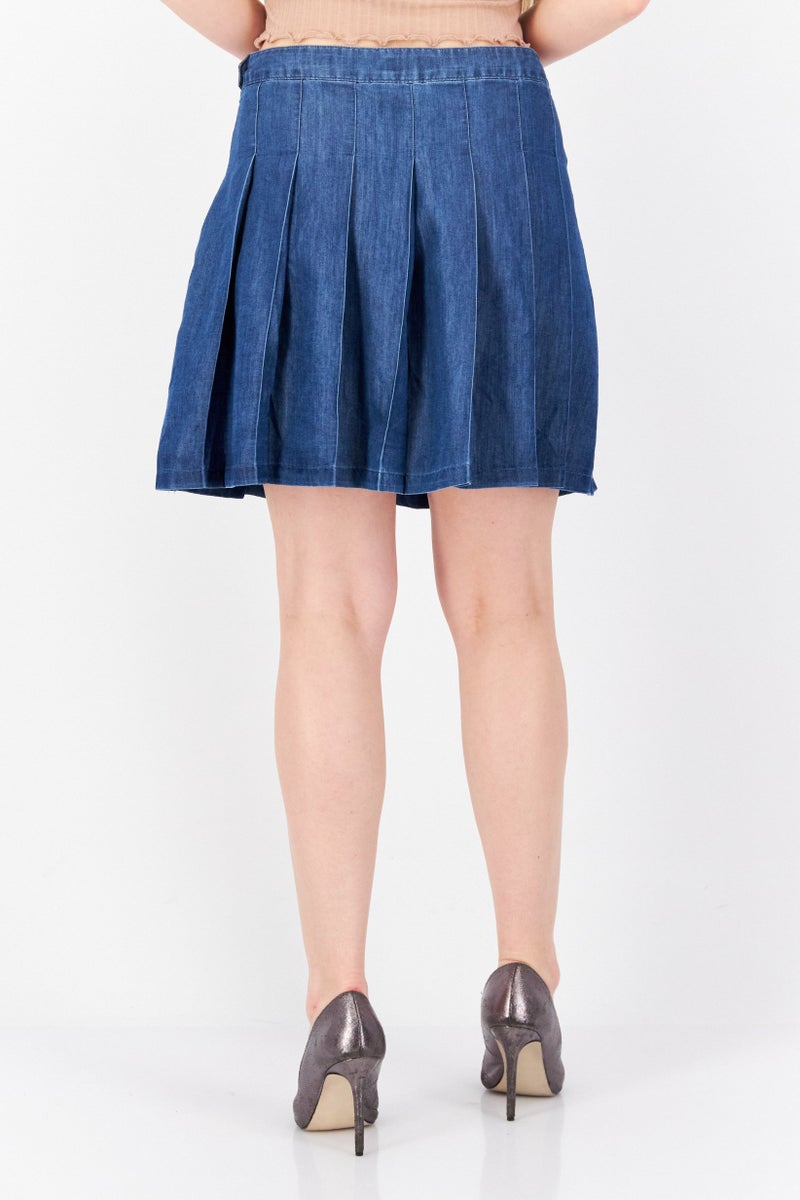 Women Pleated Denim Mini Skirt, Blue