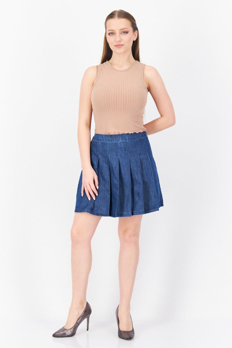 Women Pleated Denim Mini Skirt, Blue