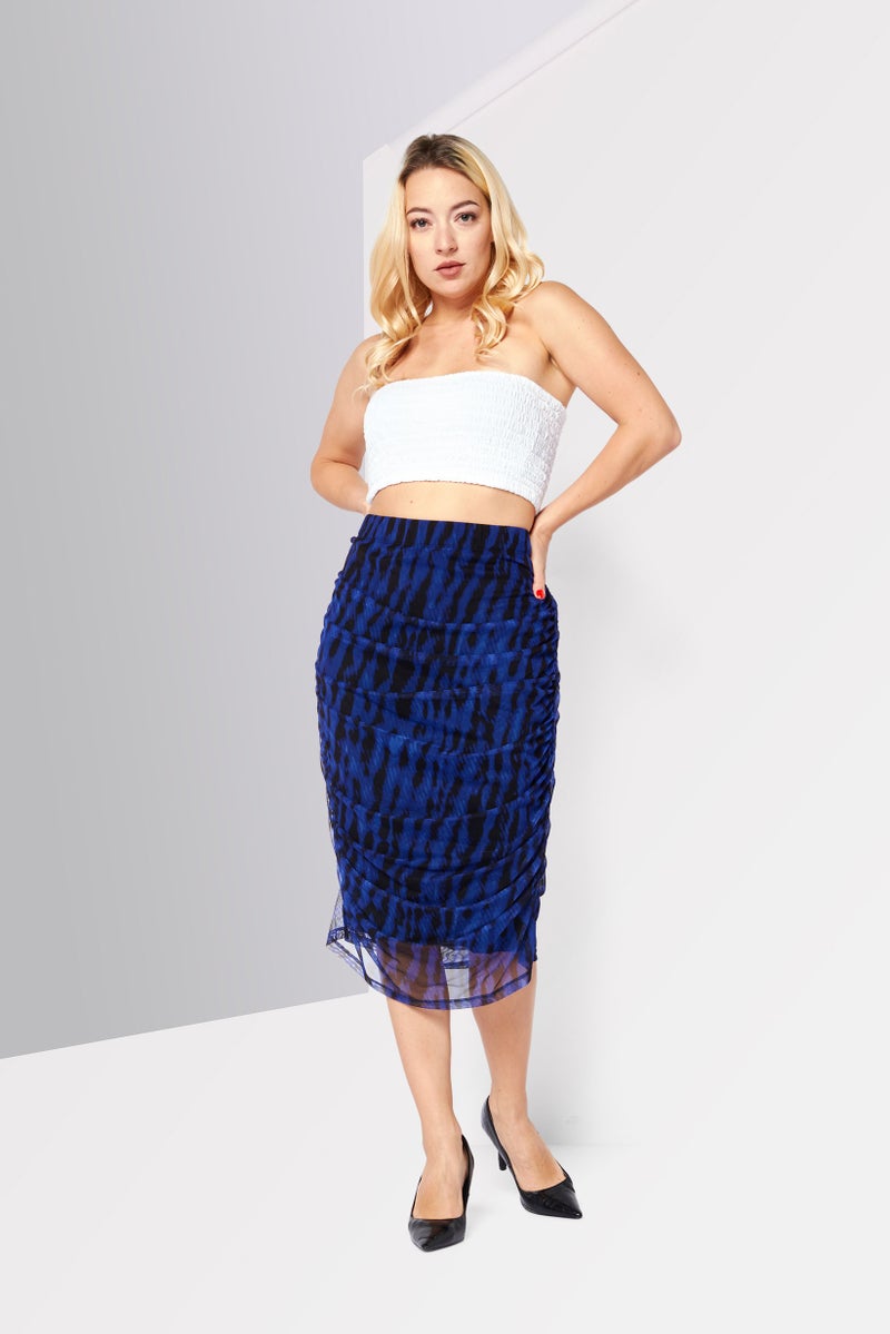 Women Tie Dye Ruched Midi Skirts, Blue/Black