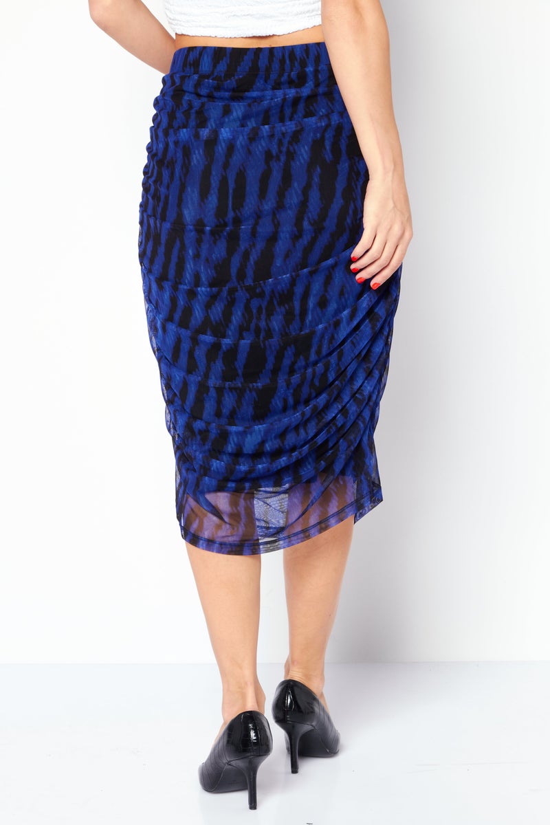 Women Tie Dye Ruched Midi Skirts, Blue/Black