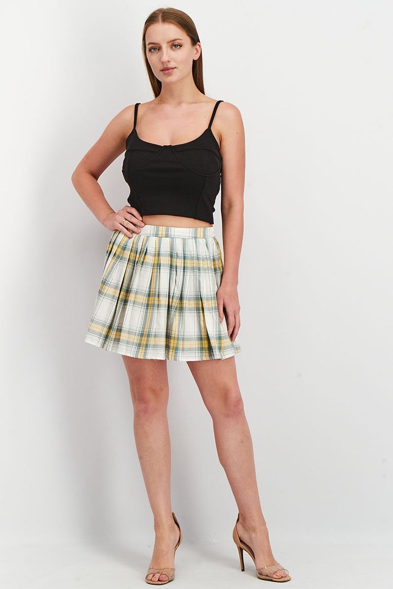 Women Petite Checkered Pleated Mini Skirt, Yellow/White/Grey