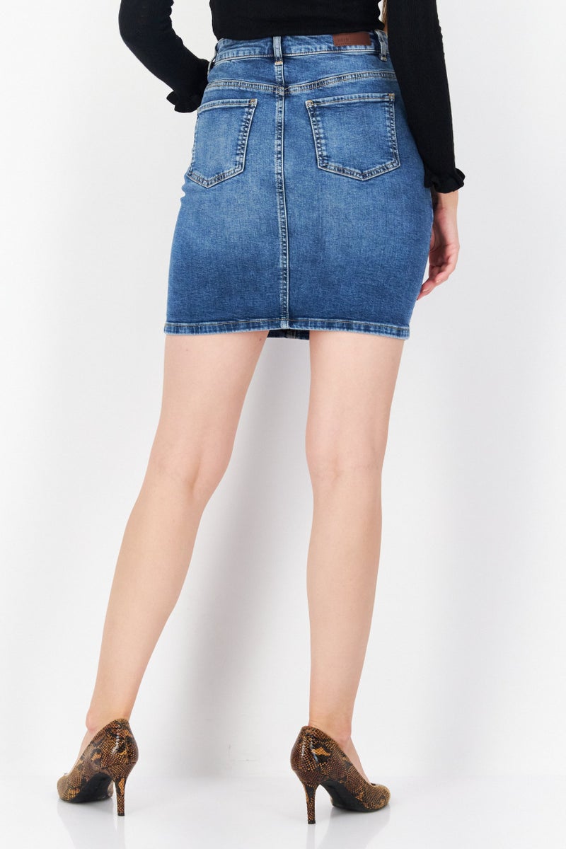 Women Washed Denim Mini Skirt, Blue