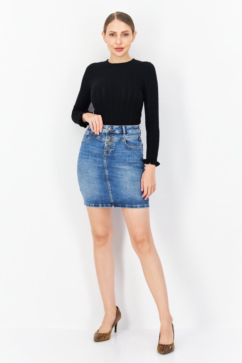 Women Washed Denim Mini Skirt, Blue