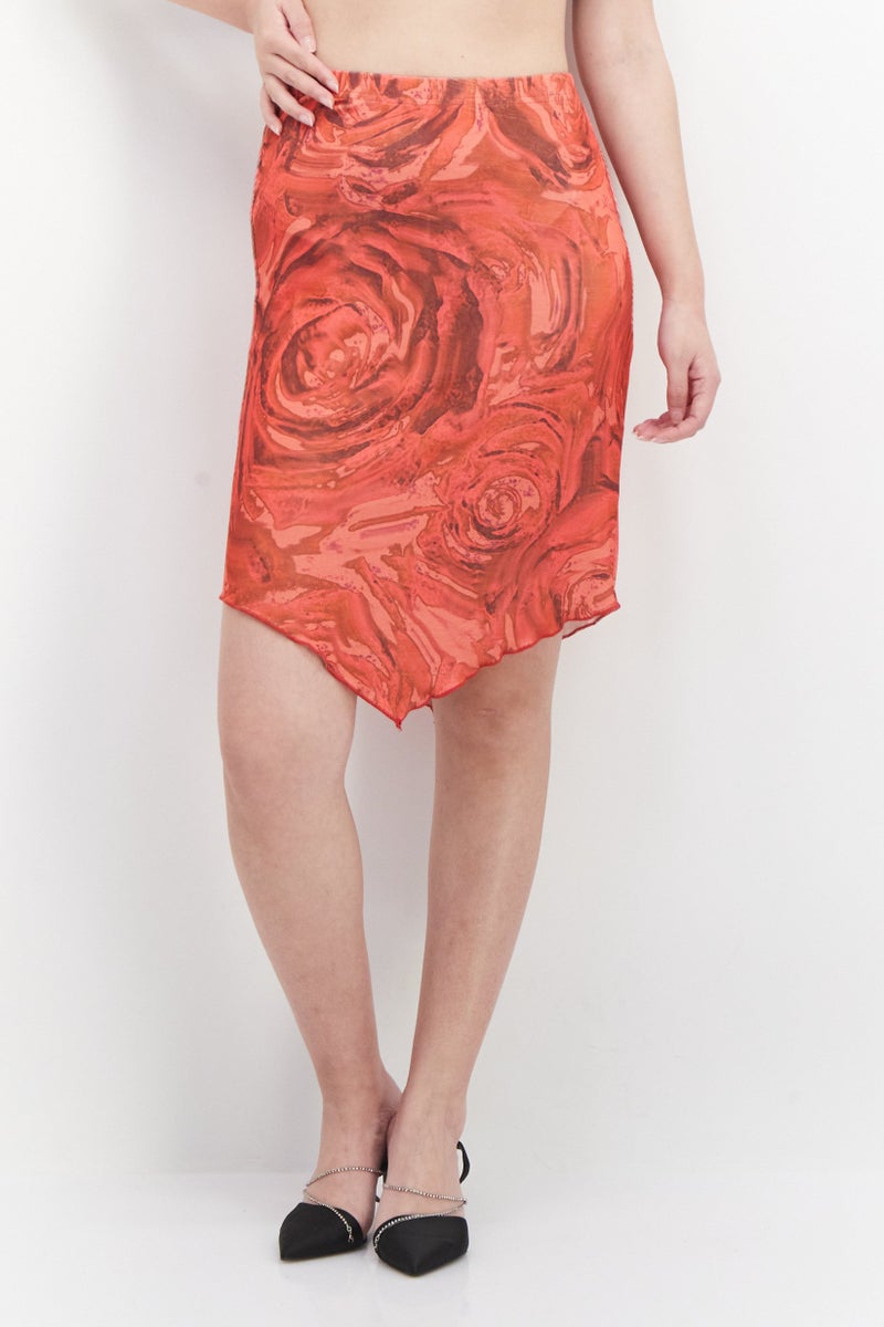 Women Marble Print Midi Skirts, Dark Pale Red