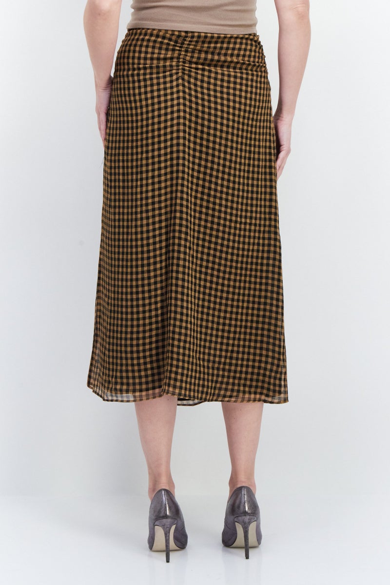 Women Microgrid Print Maxi Skirt, Brown/Black