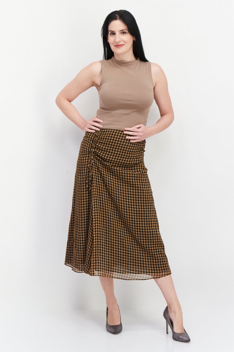 Women Microgrid Print Maxi Skirt, Brown/Black