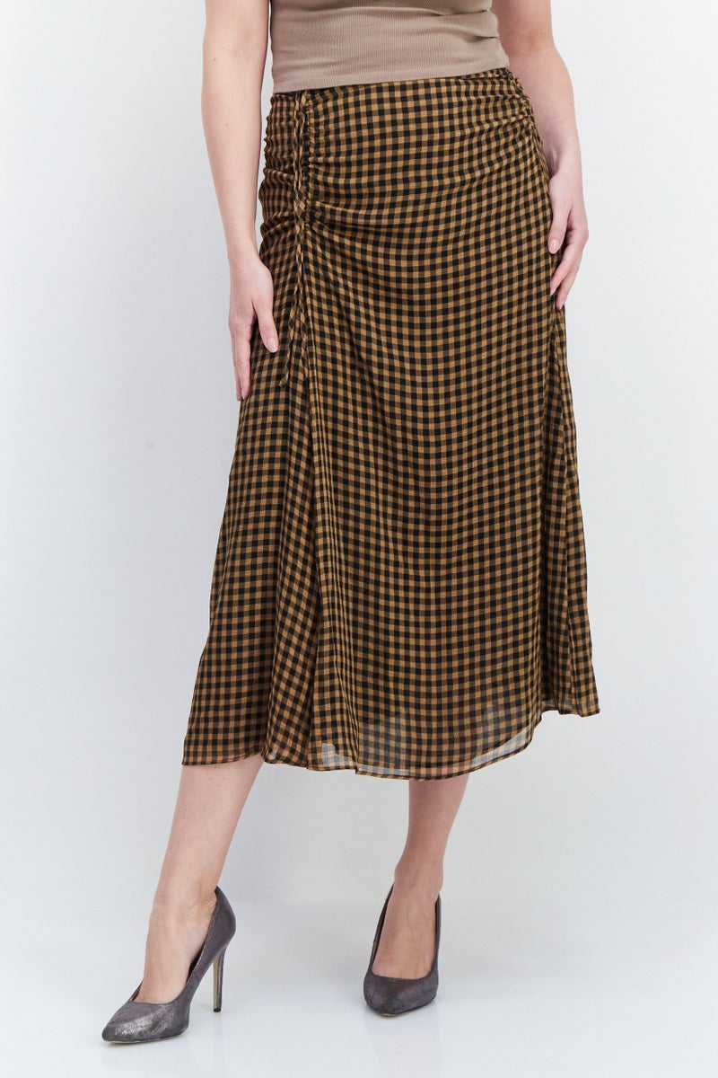 Women Microgrid Print Maxi Skirt, Brown/Black