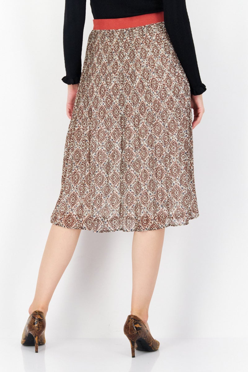 Women Allover Print Maxi Skirt, Brown Combo
