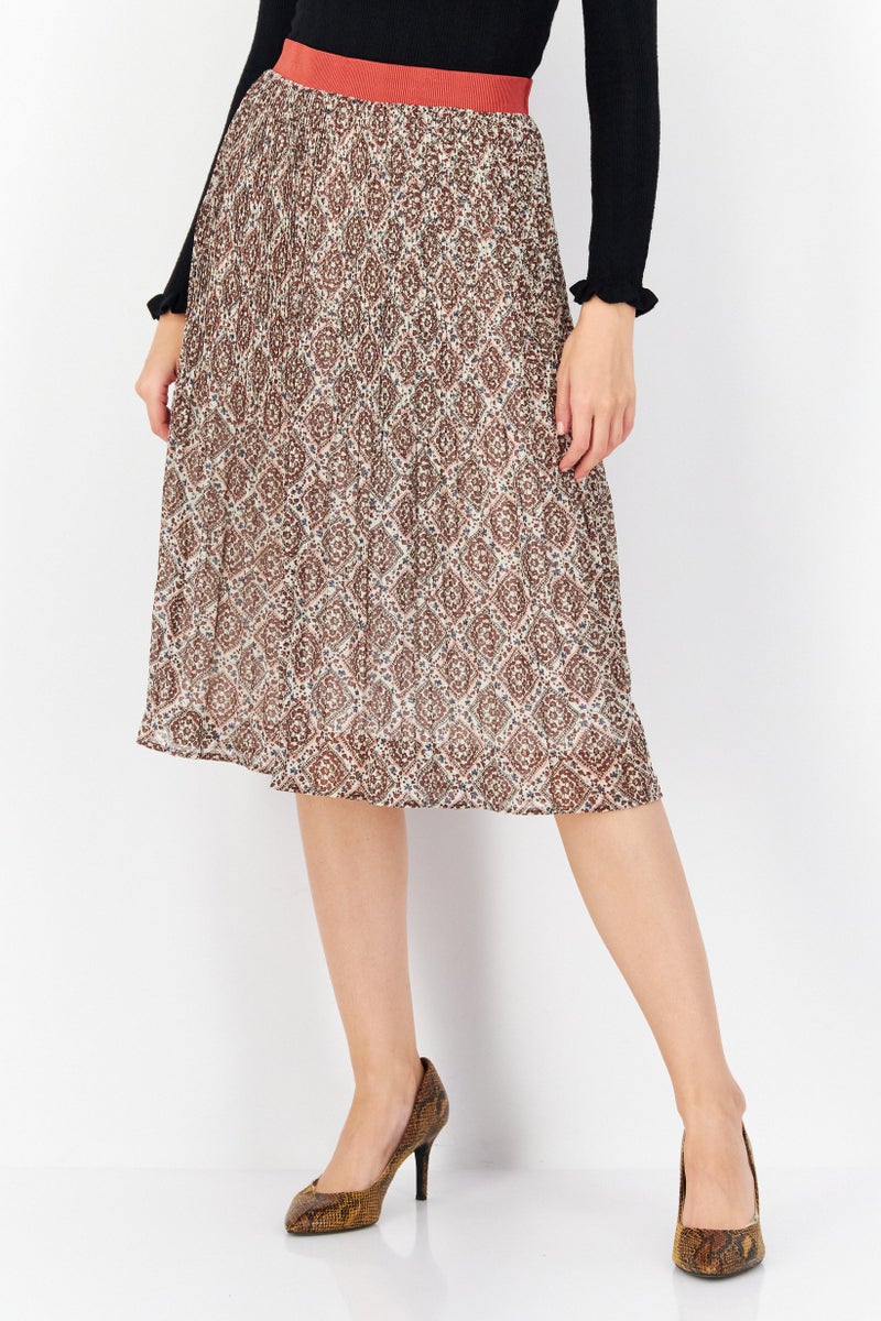 Women Allover Print Maxi Skirt, Brown Combo