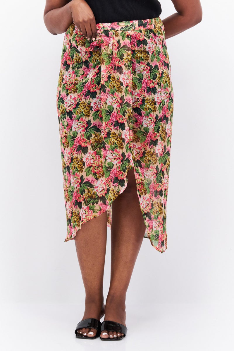 Women Plus Size Floral Print Wrap Skirt, Pink/Black Combo