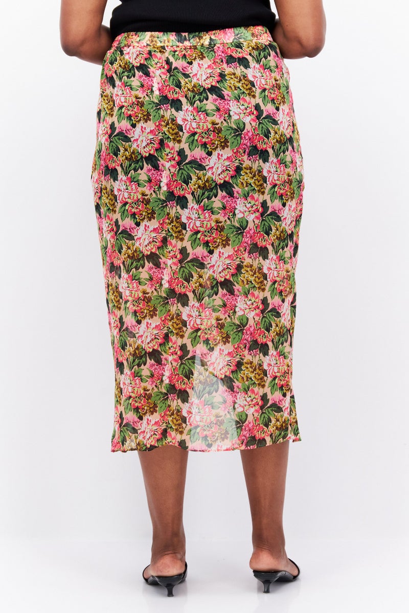 Women Plus Size Floral Print Wrap Skirt, Pink/Black Combo