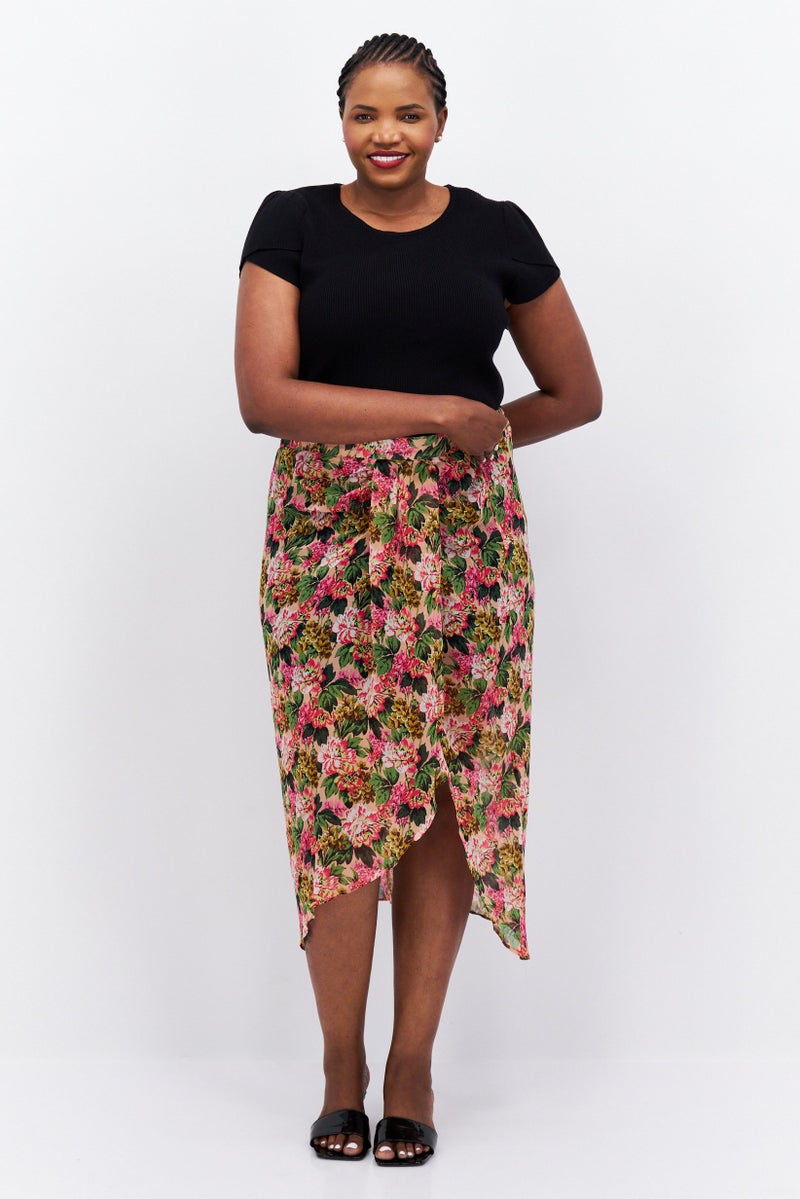 Women Plus Size Floral Print Wrap Skirt, Pink/Black Combo