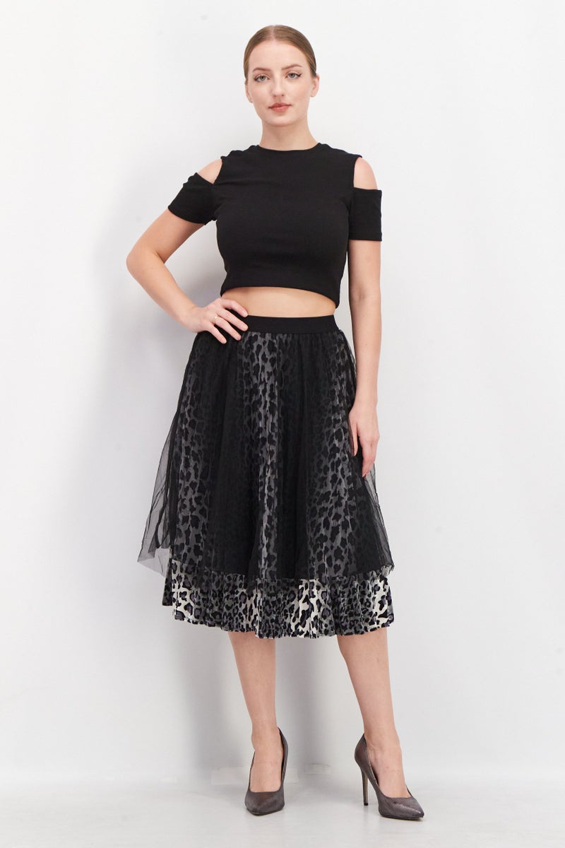 Women Textured Midi Skirt, Black