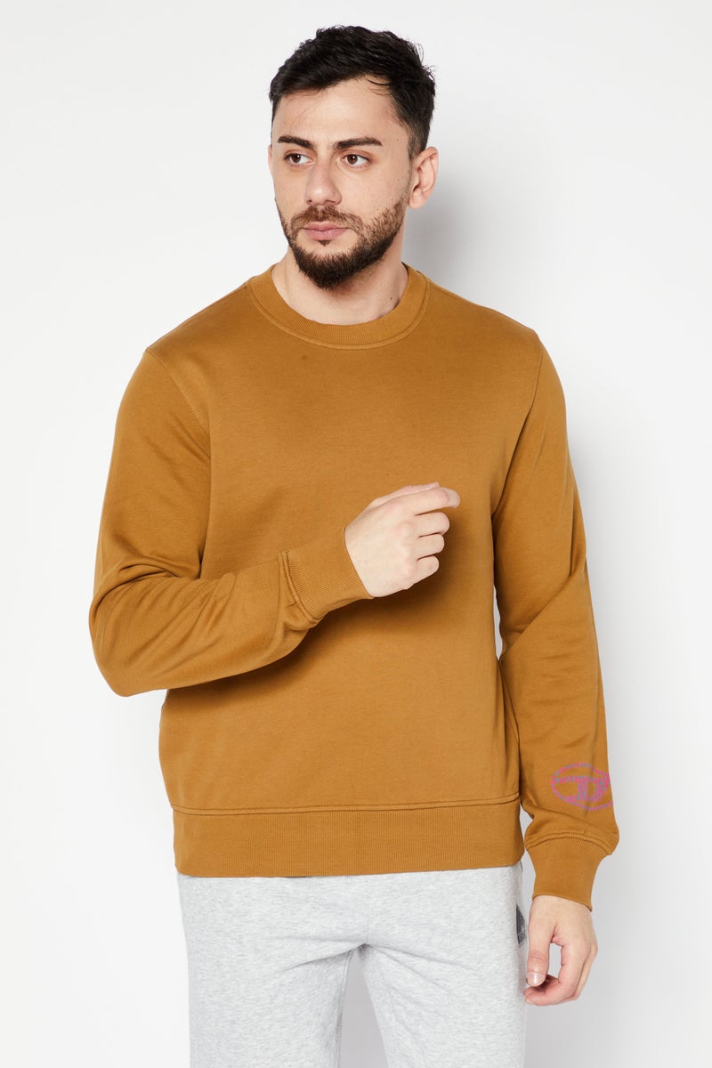 Men Crew Neck Long Sleeve Printed Sweatshirt, Brown