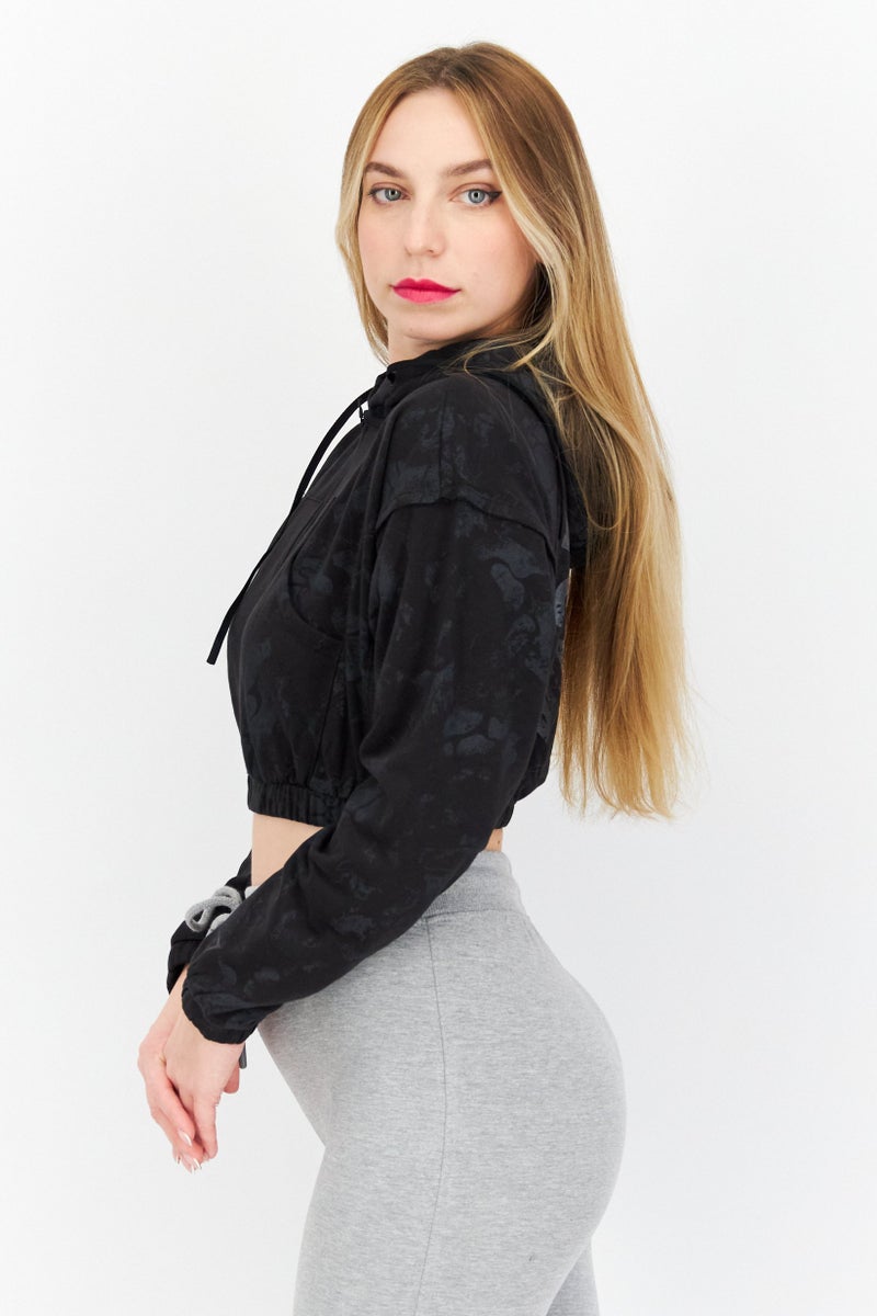 Women Sportswear Fit Long Sleeve Zip Up Crop Hoodie, Black