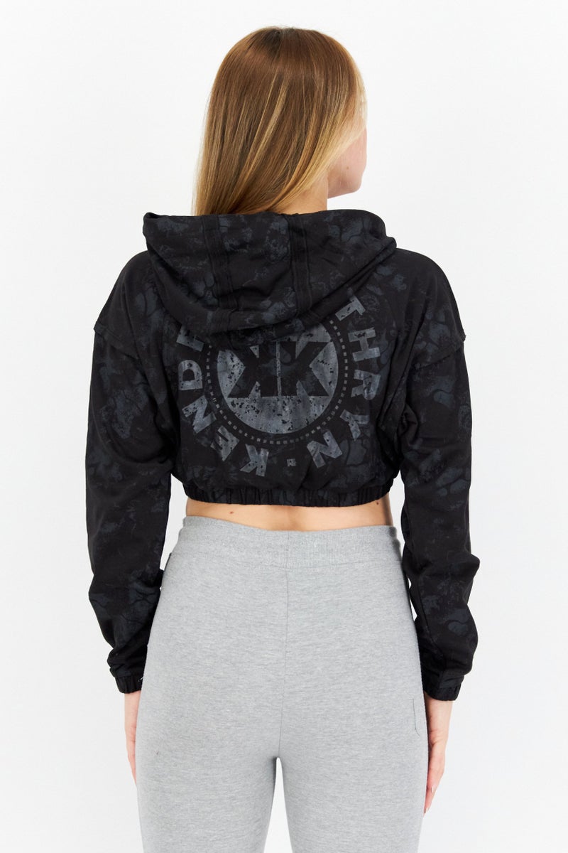 Women Sportswear Fit Long Sleeve Zip Up Crop Hoodie, Black