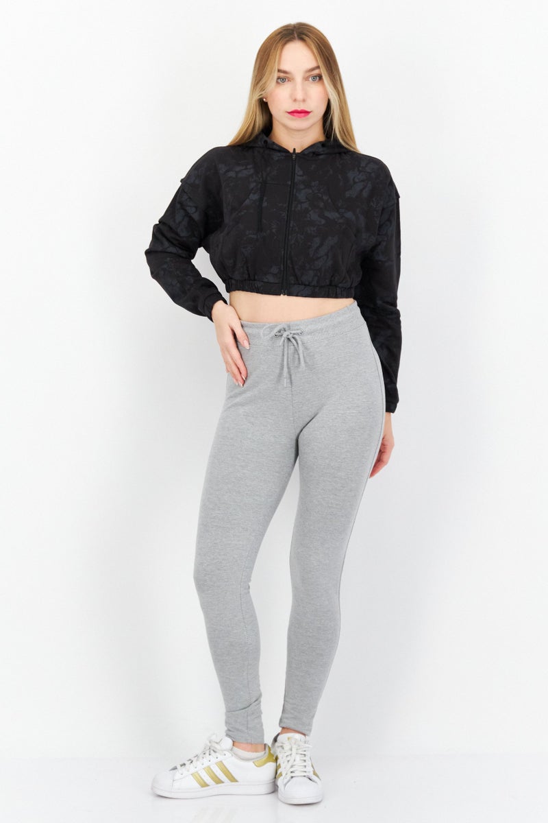 Women Sportswear Fit Long Sleeve Zip Up Crop Hoodie, Black