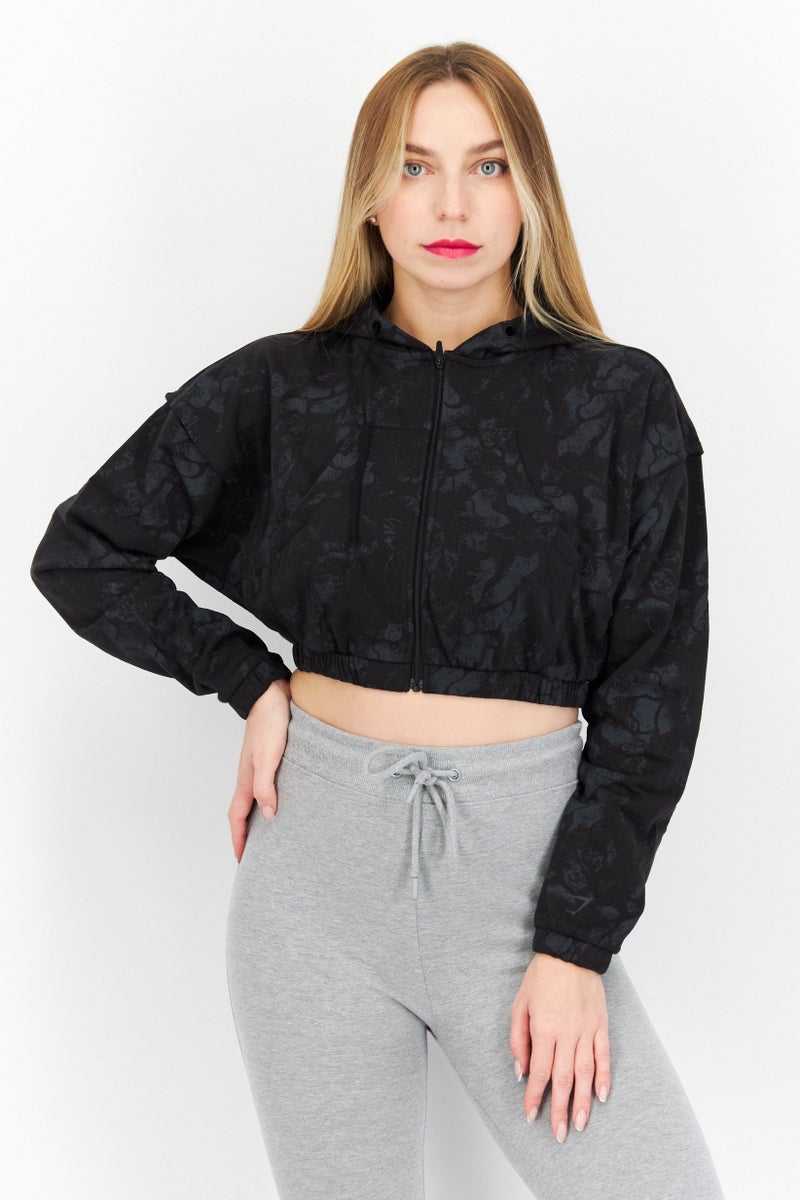 Women Sportswear Fit Long Sleeve Zip Up Crop Hoodie, Black