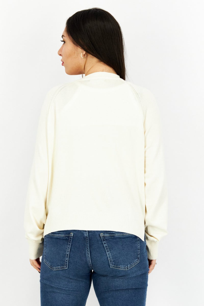 Women Crew Neck Long Sleeves Plain Sweatshirt, Ivory