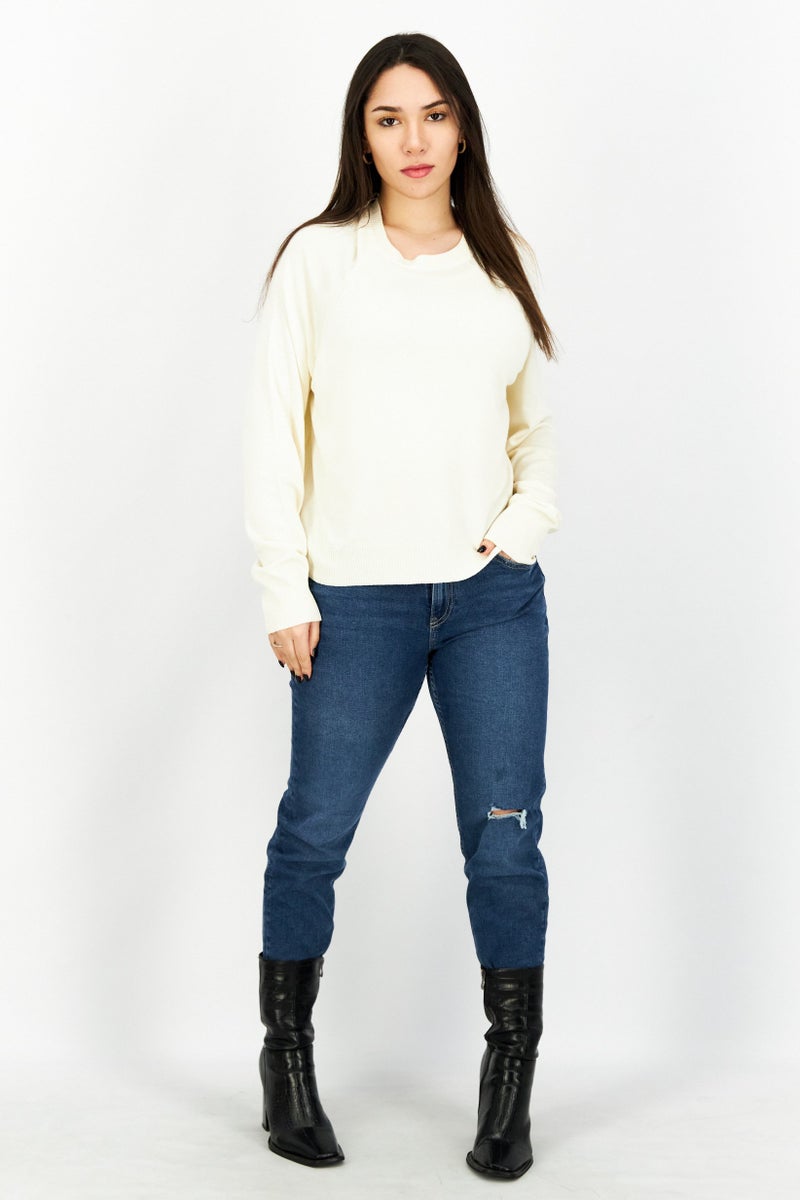 Women Crew Neck Long Sleeves Plain Sweatshirt, Ivory
