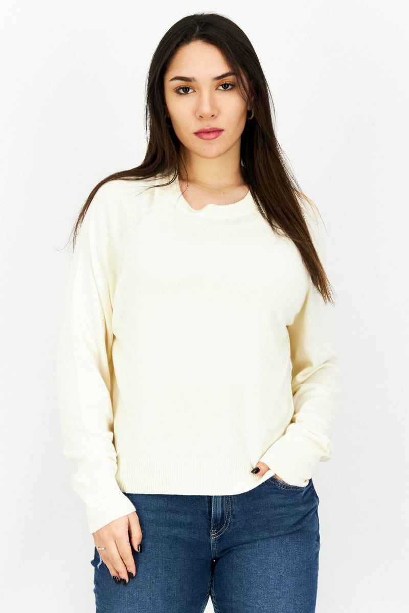 Women Crew Neck Long Sleeves Plain Sweatshirt, Ivory