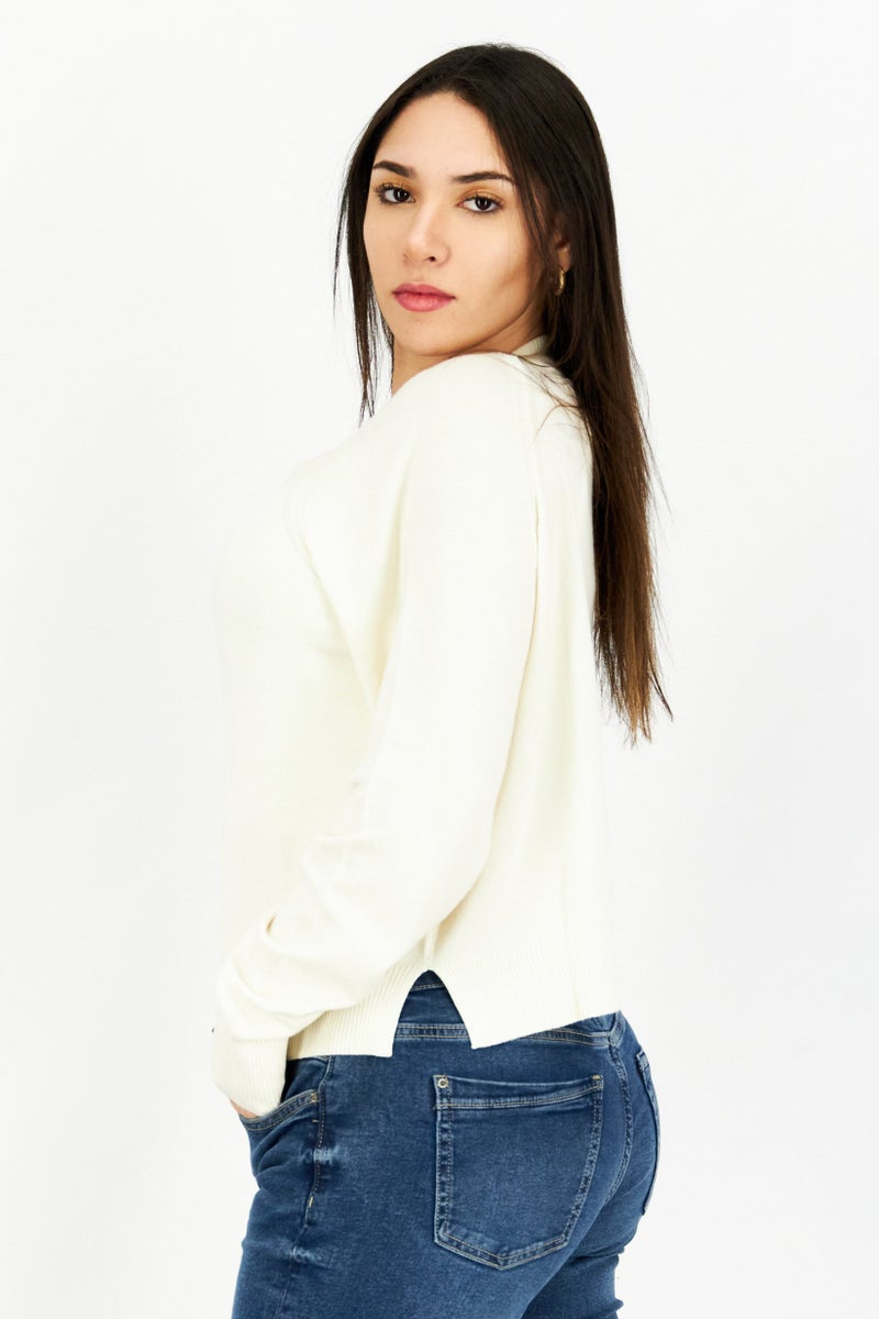 Women Crew Neck Long Sleeves Plain Sweatshirt, Ivory