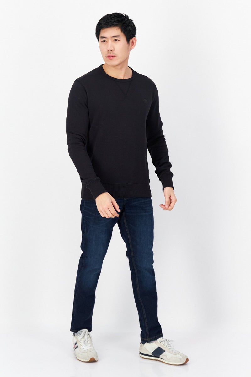 Men Crew Neck Brand Logo Fleece Sweatshirts, Dark Navy