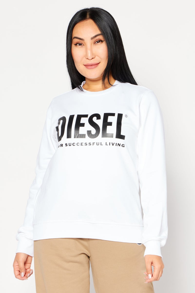 Women Crew Neck Long Sleeve Brand Logo Sweatshirt, White