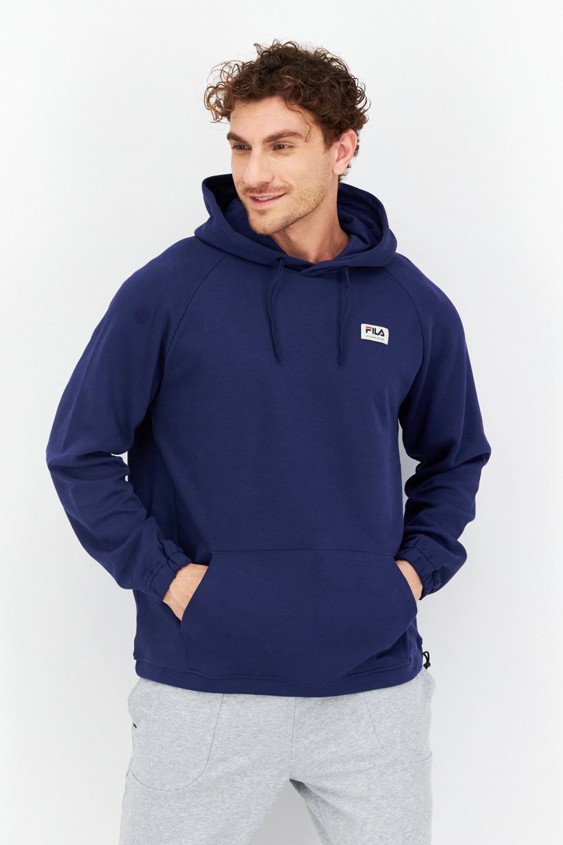 Men Sportswear Fit Hood With Drawstring Long Sleeve Outdoor Hoodies, Navy Blue