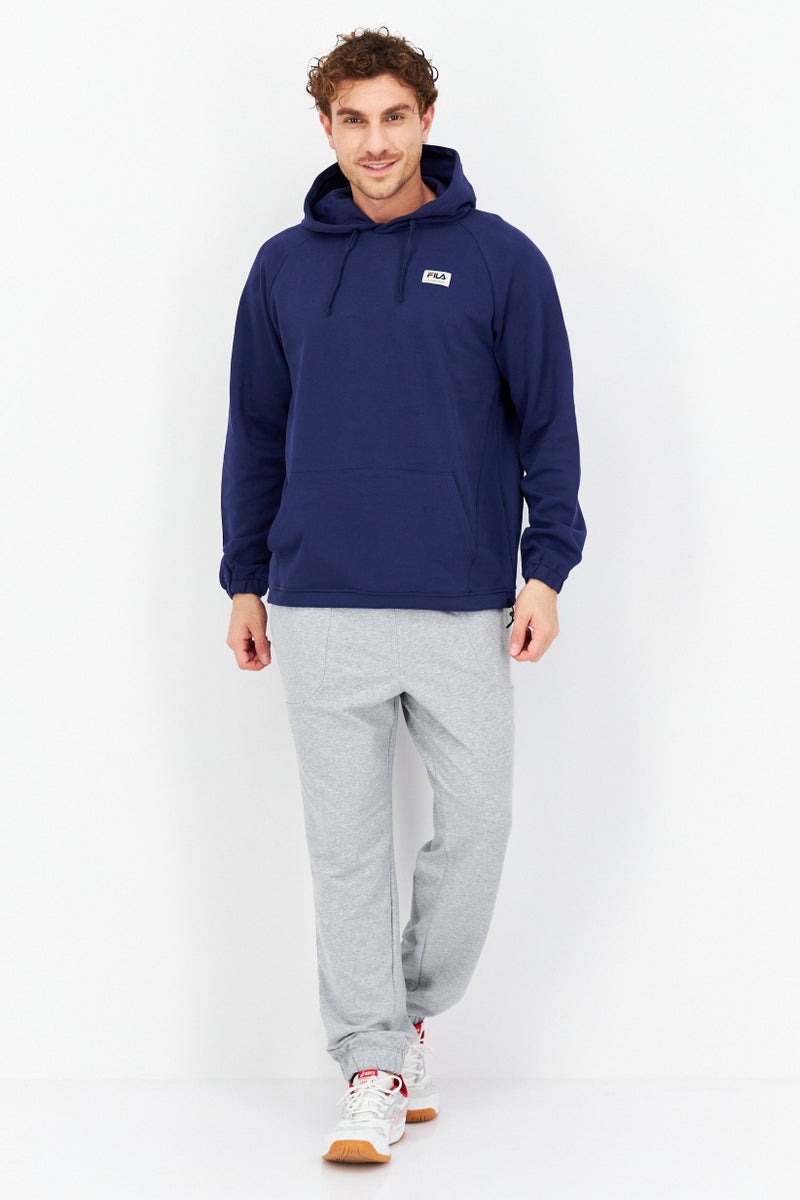 Men Sportswear Fit Hood With Drawstring Long Sleeve Outdoor Hoodies, Navy Blue