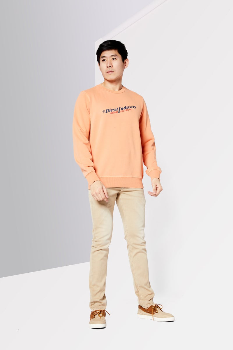 Men Crew Neck Long Sleeve Brand Logo Sweatshirt, Orange