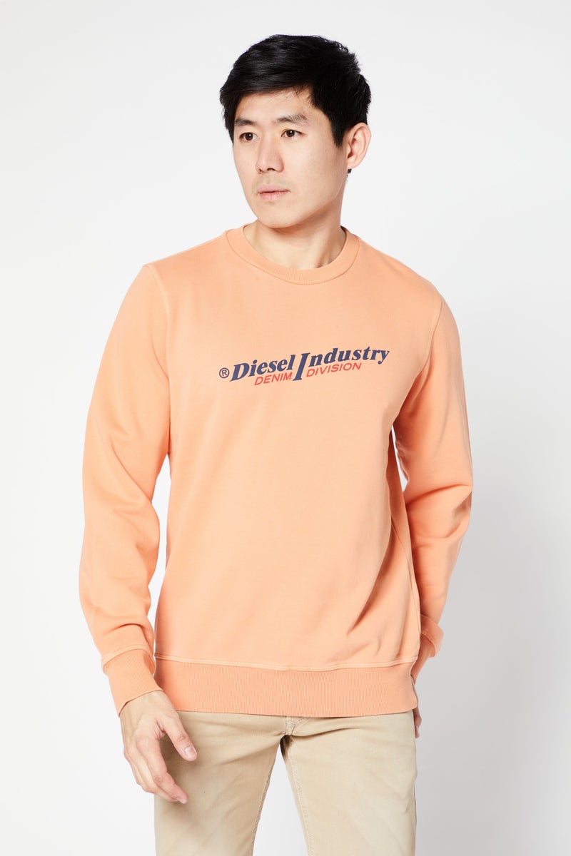 Men Crew Neck Long Sleeve Brand Logo Sweatshirt, Orange