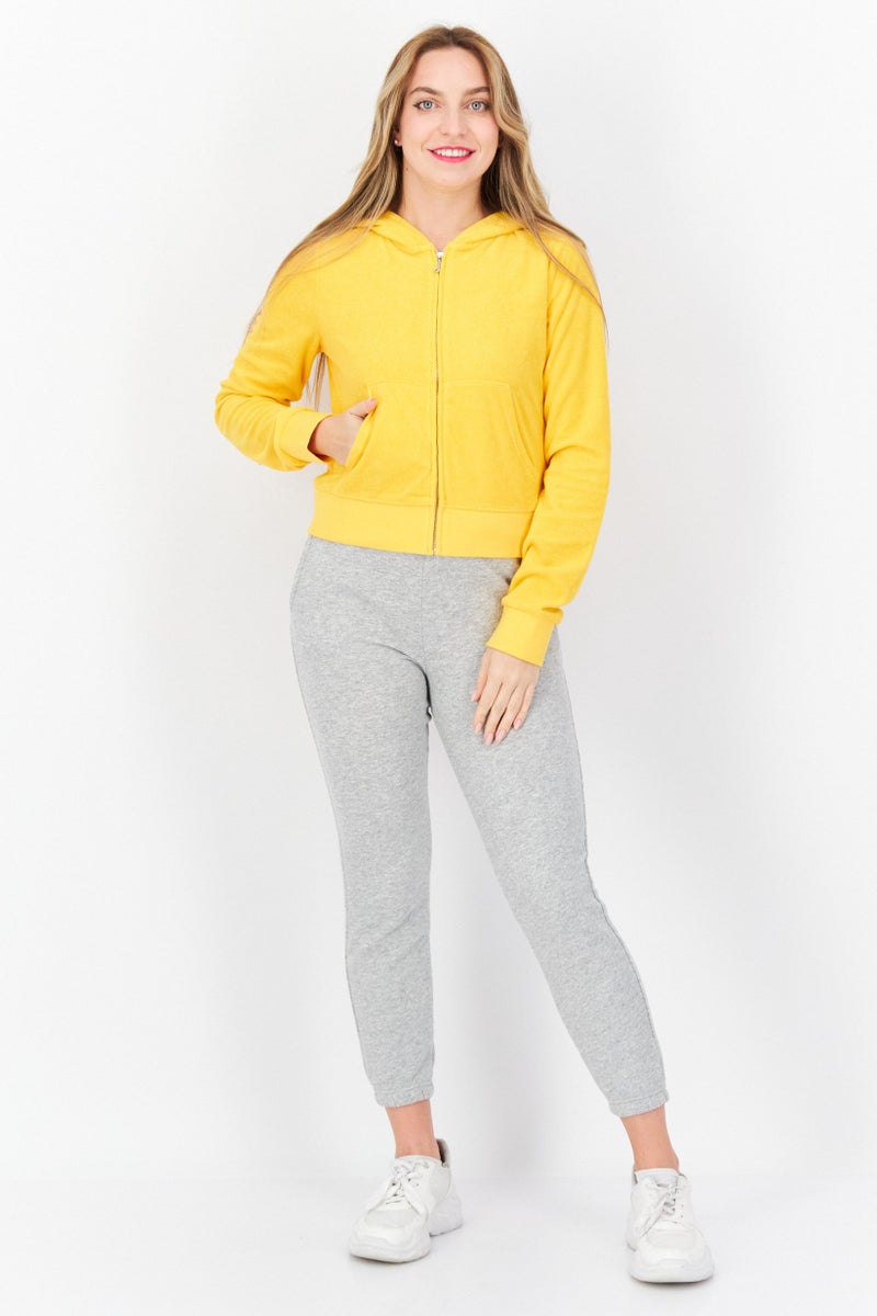 Women Long Sleeves Textured Cropped Sweatshirt, Yellow