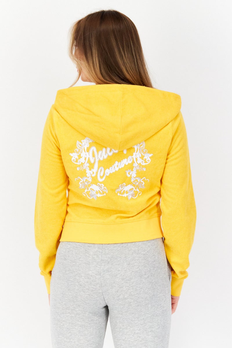 Women Long Sleeves Textured Cropped Sweatshirt, Yellow