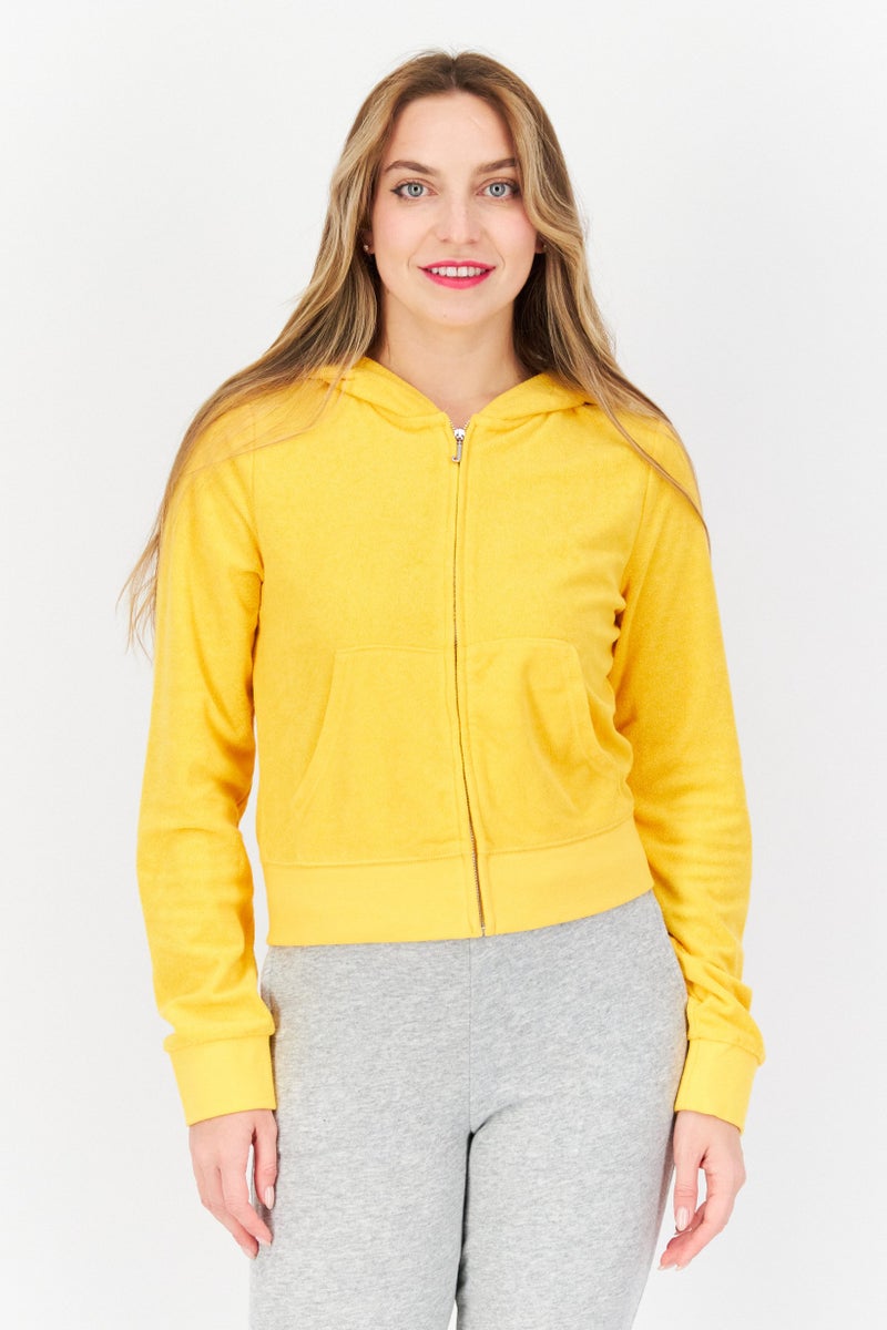 Women Long Sleeves Textured Cropped Sweatshirt, Yellow