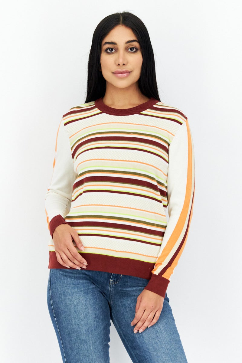 Women Crew Neck Stripe Sweatshirt, Beige Combo