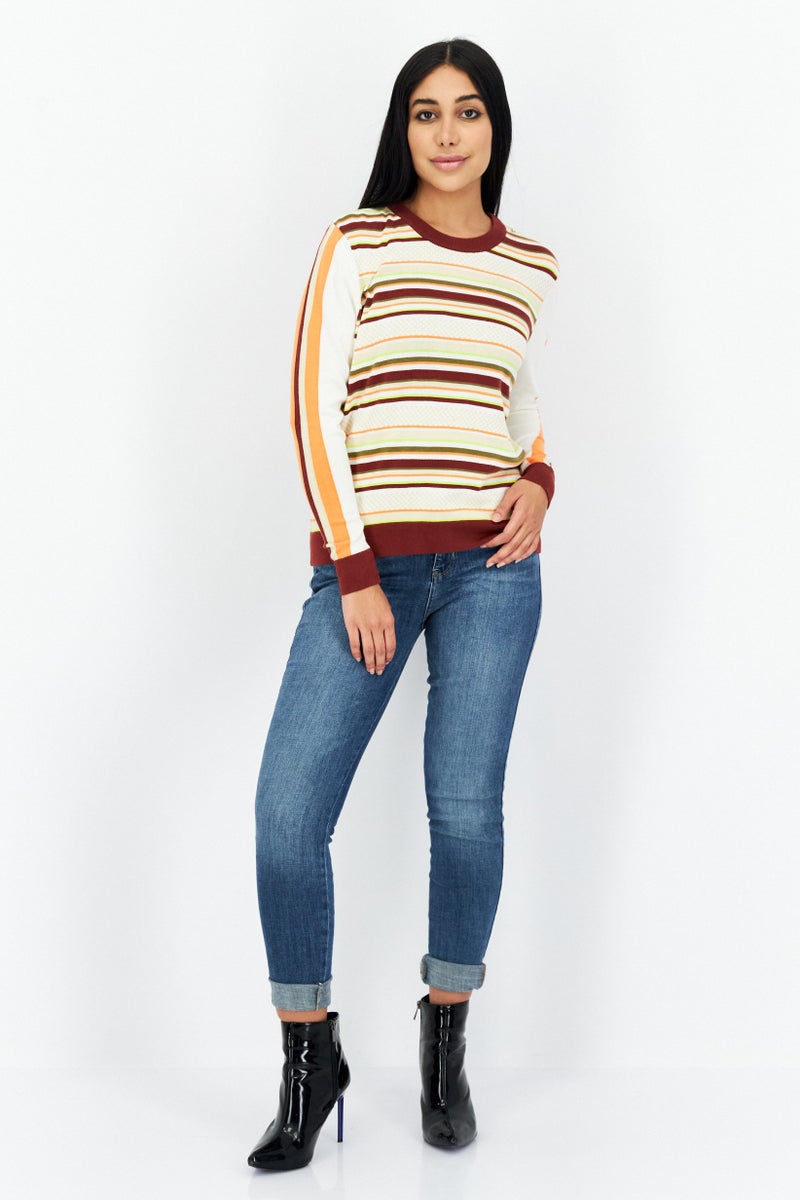 Women Crew Neck Stripe Sweatshirt, Beige Combo