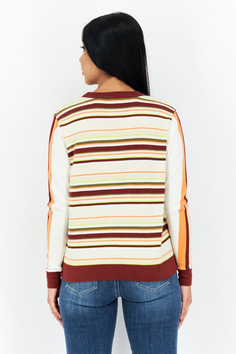 Women Crew Neck Stripe Sweatshirt, Beige Combo