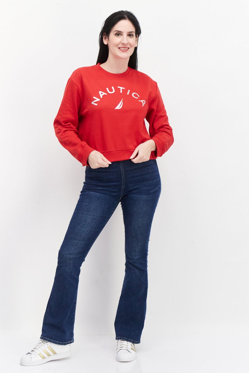 Women Crew Neck Long Sleeve Brand Logo Sweatshirt, Red